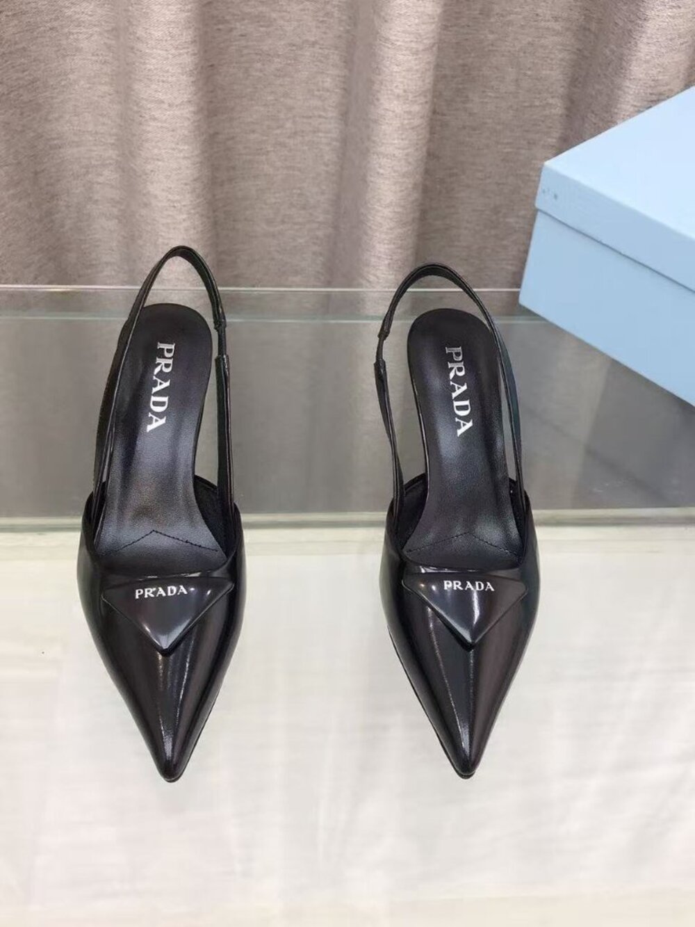 Prada Black Patent Leather Slingback Pumps Triangle Logo Kitten Heels - Picture 3 of 6